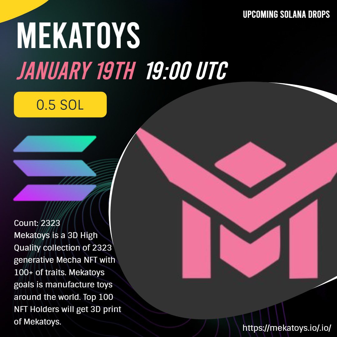 solannft's tweet image. Mekatoys🤩
🗓Upcoming Date: December 19th
⏱Time: 19:00 UTC
💰Price: 0.5SOL
@mekatoysNFT 
#nft #NFTCommunity #NFTdrop #nftart #NFTs #NFT #NFTcollectibles #solana #solanaszn