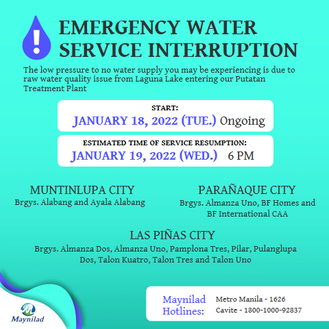 maynilad's tweet photo. Portions of Las Pinas City, Muntinlupa City and Paranaque City will have low pressure to no water supply. We apologize for the inconvenience. Thank you. This is a free message.
@mwssro @pinas_city @OFFICIALMUNTI @ILoveParanaque https://t.co/tXV8EyPcNC