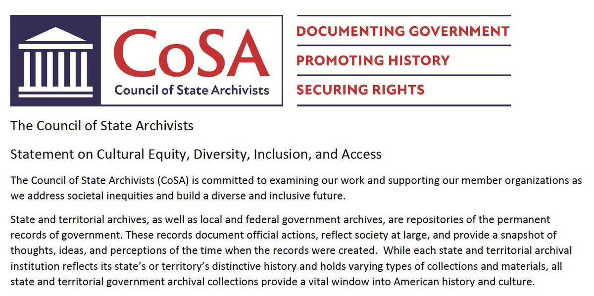 StateArchivists's tweet image. CoSA’s Statement on Cultural Equity, Diversity, Inclusion and Access encourages state and territorial archives to promote diversity and eliminate bias in their policies and institutions. #HowWeHeal #LibrariesAndArchivesForRacialHealing 

cosa.connectedcommunity.org/HigherLogic/Sy…