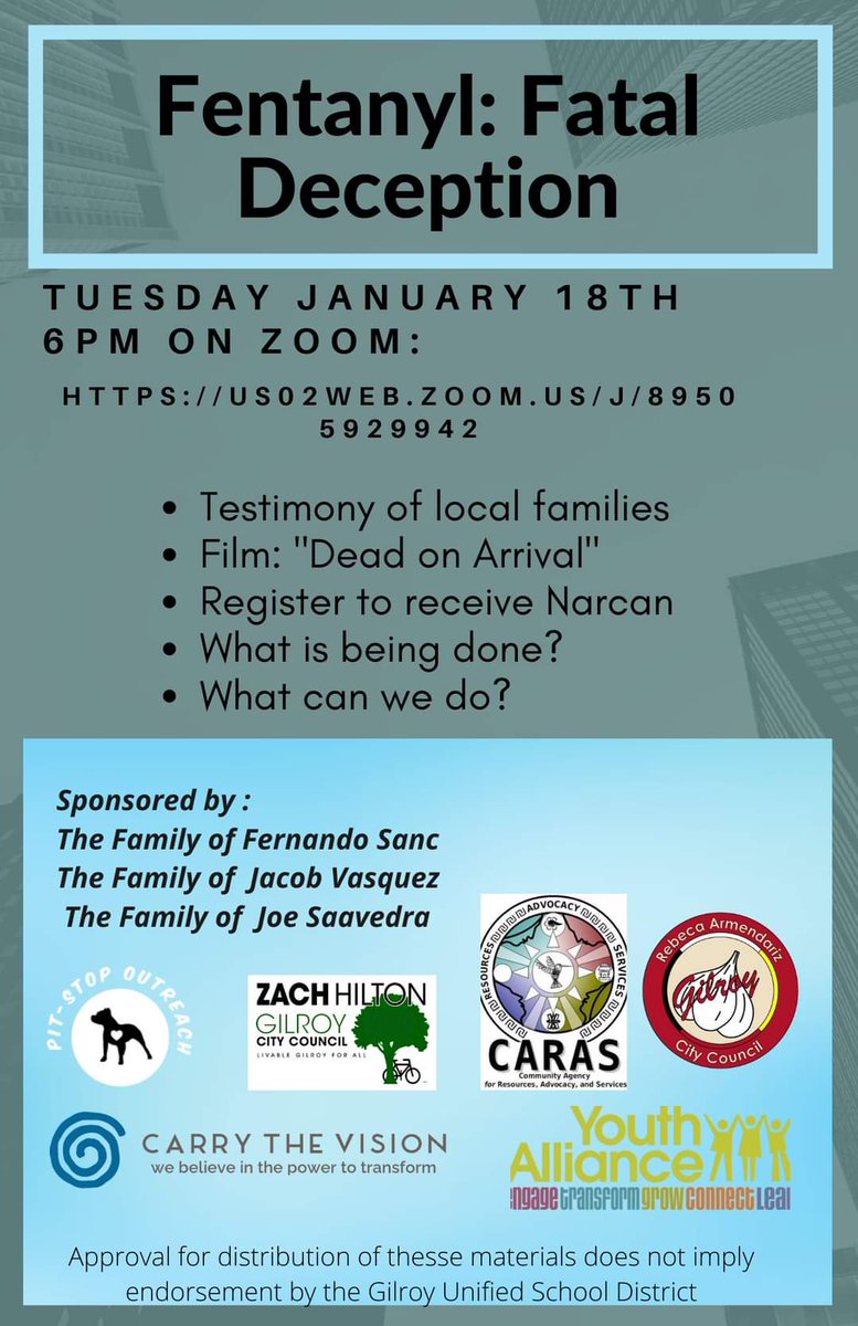 MHProtestGroup's tweet image. Tune in to this Gilroy Town Hall tonight at 6PM to learn about how fentanyl is impacting local families and what we can do to help. This is an issue affecting our youth and has become a public health crisis. Learn more tonight at us02web.zoom.us/j/89505929942.

#Gilroy