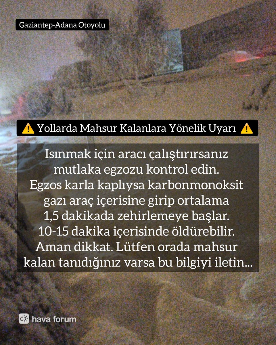 HavaForum's tweet photo. Son Dakika: ⚠️G.antep-Adana otoyolunda yüzlerce araç mahsur kalmış. Kilometrelerce kuyruk var. Durum çok ciddi, yağış Çarşamba öğlene kadar yoğun... Araçlar bu gece yollarda bırakılırsa kar içinde kalabilir. Isınmak için aracı çalıştıranlar tehlikede. Dikkat ⚠️👇🏻 #Gaziantep https://t.co/Pbq8FiZ5OA