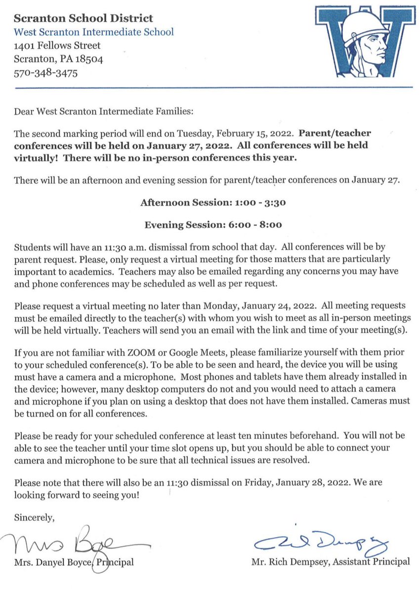 WSIS_Scranton's tweet photo. WSIS Parent/Teacher Conferences: January 27, 2022. Please see letter for more information! 💙 https://t.co/tNuDNkzFil