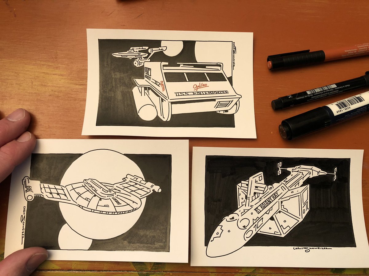 Inks for three Star Trek (original series) vehicle commissions; waiting til tomorrow to paint them because I'm gonna take my last couple work hours to watch new Macbeth (and I'm very excited!) 