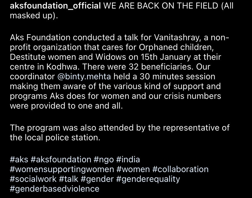 WE ARE BACK ON THE FIELD (All masked up). 

Aks Foundation conducted a talk for Vanitashray, a non-profit organization that cares for Orphaned children, Destitute women and Widows on 15th January at their centre in Kodhwa. Our coordinator <a href="/bintymehta/">Binty Mehta</a> held a 30 minutes session!