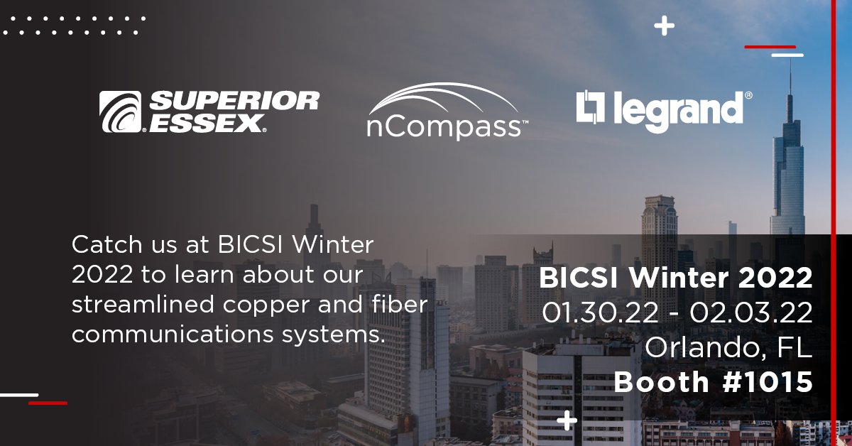 Legrand - Data Infrastructure (@legranddat) on Twitter photo Will you be attending #BICSIWinter? We'll be in Booth 1015 with <a href="/SuperiorEssex/">Superior Essex Communications</a> to speak with you about <a href="/_nCompass_/">nCompass Systems</a> – our suite of high-performance copper and optical fiber structured cabling and connectivity products. See you in Orlando!
#communications #cabling #connectivity Will you be attending #BICSIWinter? We'll be in Booth 1015 with <a href="/SuperiorEssex/">Superior Essex Communications</a> to speak with you about <a href="/_nCompass_/">nCompass Systems</a> – our suite of high-performance copper and optical fiber structured cabling and connectivity products. See you in Orlando!
#communications #cabling #connectivity