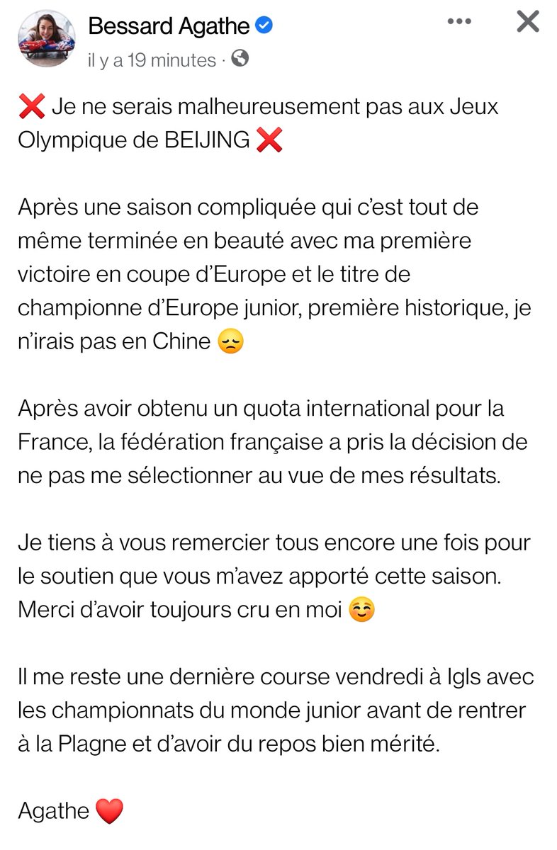 La FFSG a donc dévoilé sa sélection en #bobsleigh pour les JO de #Pékin2022 #LRT

Mais attention, génie...

Agathe Bessard, qui a arraché le tout dernier quota en #skeleton, n'est pas proposée à la sélection.