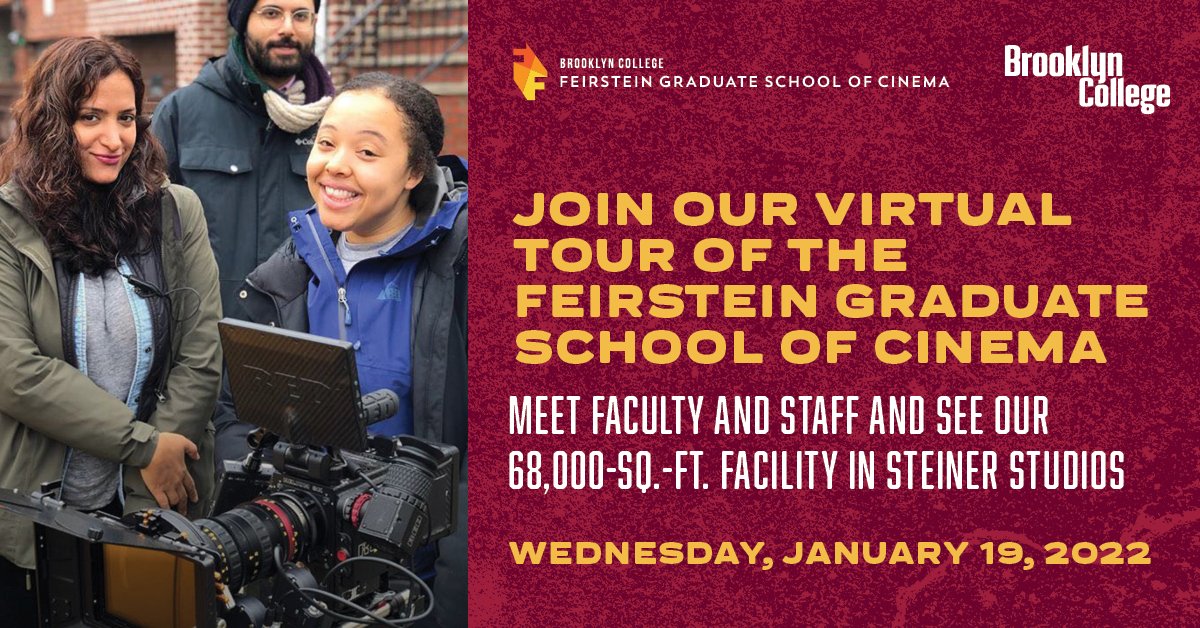 Reminder! Join <a href="/FeirsteinSchool/">Feirstein School</a> tomorrow for a virtual tour and info session at 6:30 PM on Wed. January 19th to learn about Feirstein School’s graduate film programs.

More info and RSVP here:
feirstein.blog.brooklyn.edu/recruitment/

#filmmakers #filmmaker #filmschool #filmstudent #Filmmaking