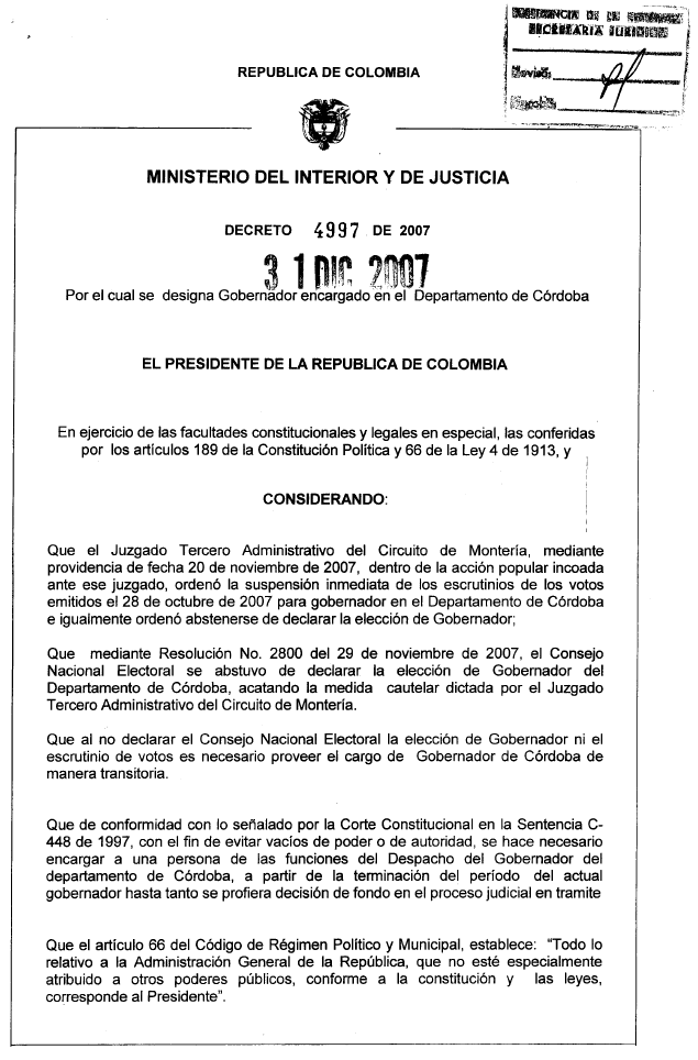 JuanPoe's tweet photo. Esta es la prueba que el expresidente Álvaro Uribe nombró como Gobernador de Córdoba el 31 de diciembre de 2007 a Benito Osorio quien confesó a la JEP los vínculos de José Félix Lafaurie con paramilitares. Benito Osorio fue condenado a 19 años de prisión por despojo de tierras. https://t.co/uscQ7O1g4s