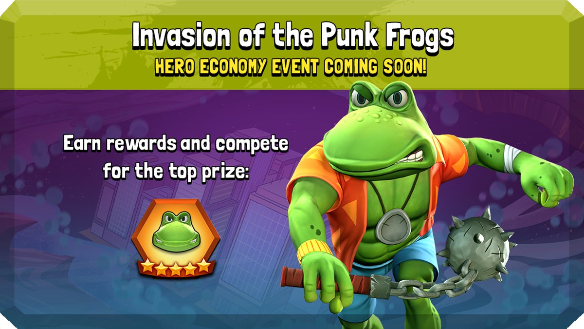 TMNTMadness's tweet photo. Invasion of the Punk Frogs is coming soon!

January 22nd through February 5th, collect and use Hero Bits to earn points for milestone rewards and to compete for one of the community's favorite brawlers: ATTILA! 🐸🛡️ https://t.co/jy5mlwta1q