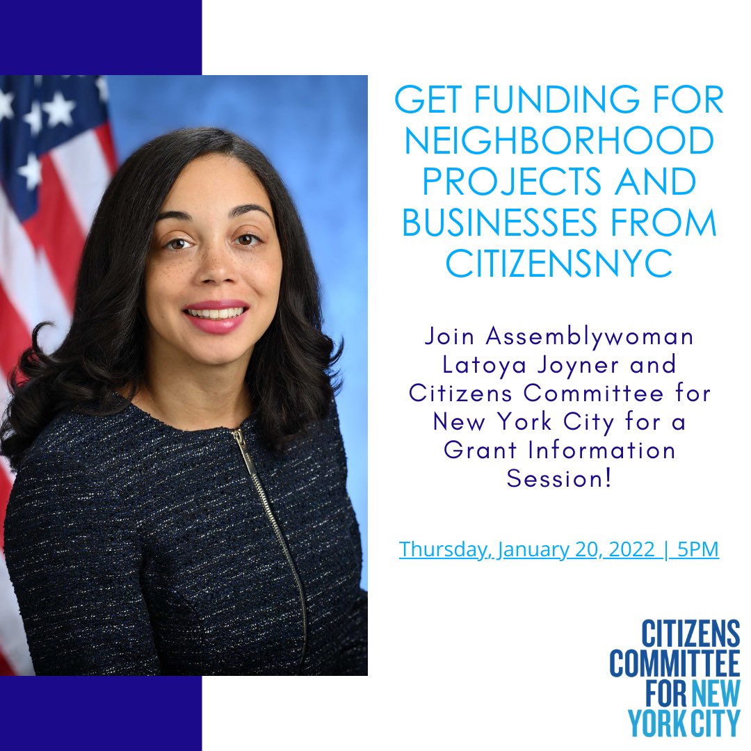 JoinJoyner's tweet photo. #JoinHER and the @CitizensNYC for a virtual information session on how to secure funding for neighborhood projects and businesses. Link to access Zoom is in bio.
🗓Thursday, January 20th at 5 PM
🔗 https://t.co/HVjvt5g6OM
Passcode: 418065
Meeting ID: 852 1782 9724 https://t.co/4k3Y4nmmoq