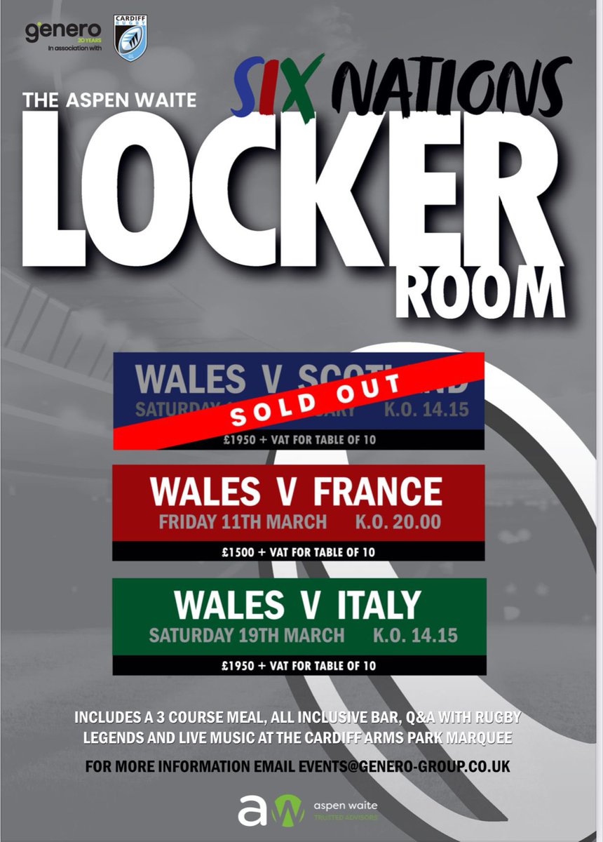 Our Wales vs Scotland Locker Room is already sold out! Tables still available for our France and Italy events! 

Price includes a table for 10, 3 course meal, complimentary bar, Q&amp;A with rugby legends, and live music 

Email events@genero-group.co.uk to book your space! 🏉