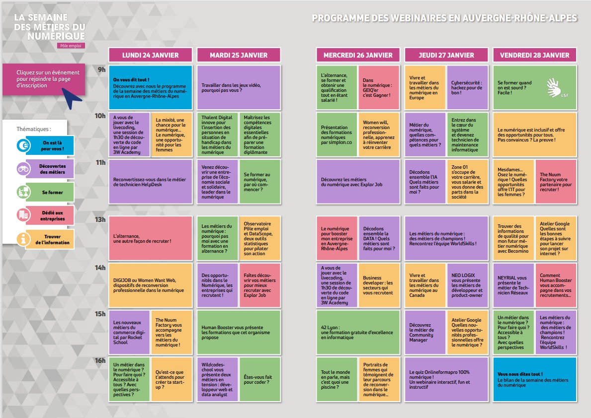 Faites vous même votre programme lors de la semaine  @poleemploi_ara  des #métiers du #numérique du 24 au 28 janvier en <a href="/auvergnerhalpes/">Auvergne-Rhône-Alpes</a>   : #candidats , #entreprises , #partenaires , #créateurs... Il y en a pour chacun d'entre vous !
pole-emploi.fr/files/live/sit…