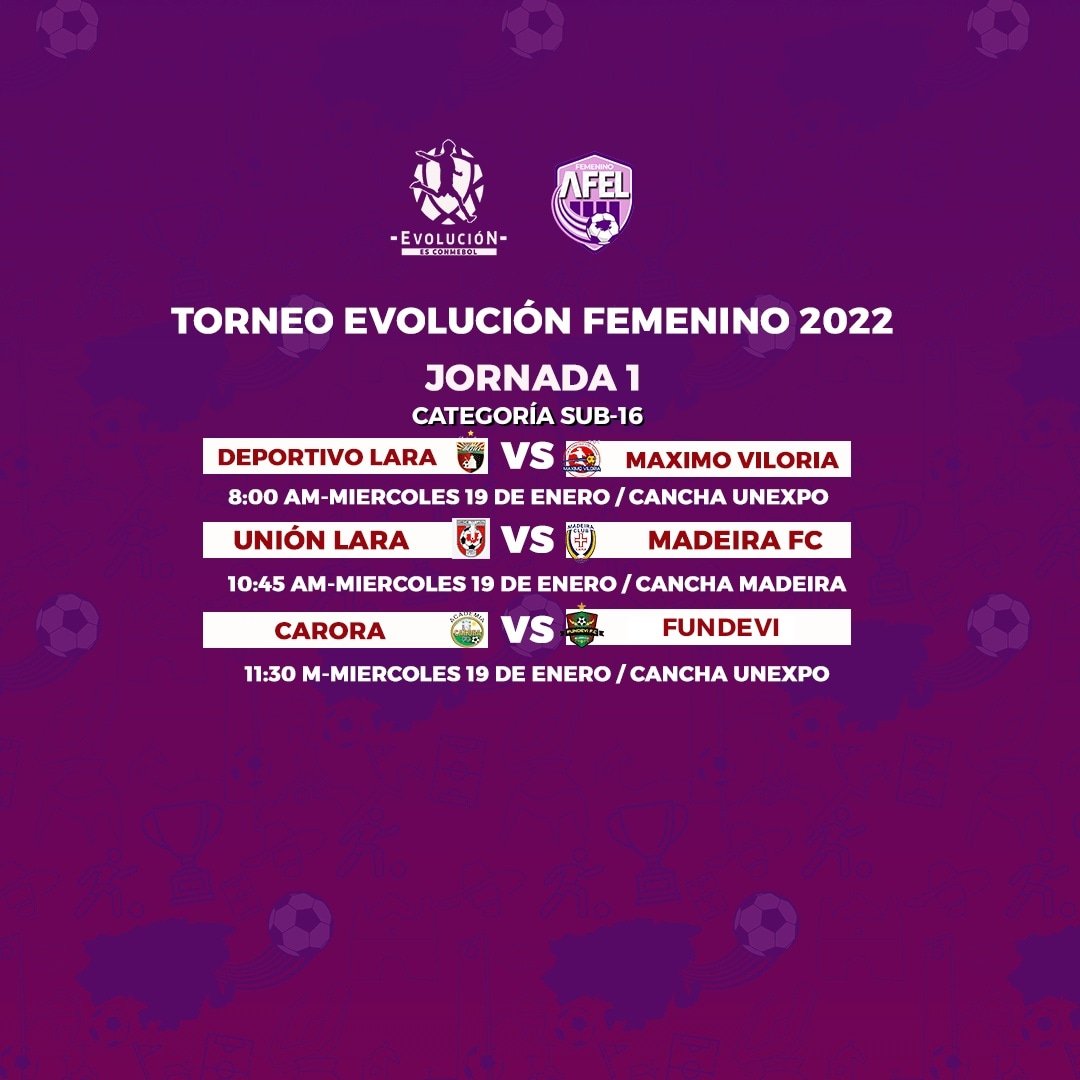 #TorneoEvoluciónAFEL 💙♥️ |

Así se jugará la primera fecha de la Liga Desarrollo <a href="/EvolucionCSF/">Evolución es CONMEBOL</a> femenino 2022 de la categoría Sub-14 y Sub-16 en el estado Lara 🇻🇪⚽

#SomosAFEL #TeamAFEL