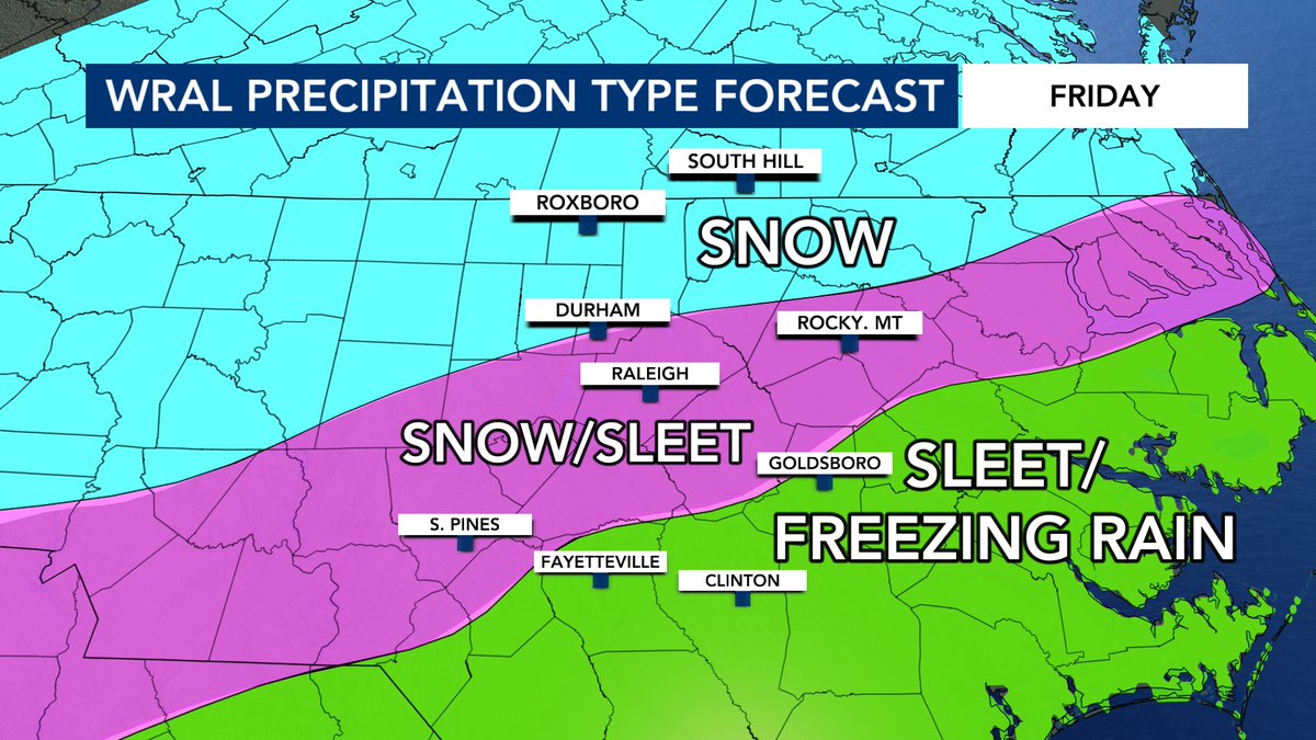 katcampbellwx's tweet photo. TUESDAY UPDATE: Here's our first call customized precipitation type forecast for Friday after looking over all the new data in this afternoon. It's too early to talk totals but we will get there soon. Join me on WRAL News for a closer look at the timing and impacts
@wralweather https://t.co/ThuuyRr075