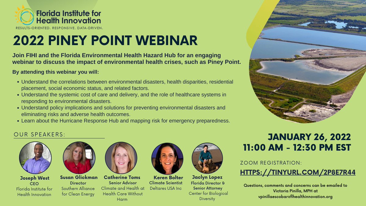 Register today for our 2022 Piney Point webinar! By attending, you will learn about health policy, correlations between environmental disasters and socioeconomic factors, healthcare systems, and the Hurricane Hub. @flhealthinnovation

Link to sign up: tinyurl.com/2p8e7r44