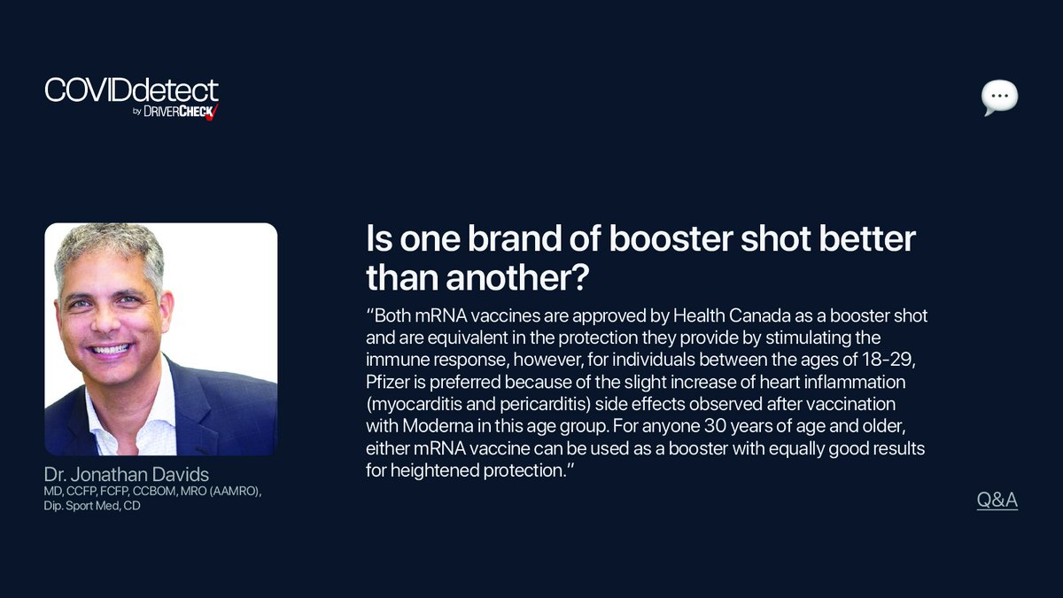 DriverCheckCA's tweet photo. #AskDrDavids👨⚕️
Q: Is one brand of booster shot better than another?
Dr. Jonathan Davids tells us more:
@COVIDdetectDC
#TakeControl #COVIDVaccine #COVID19 #COVIDTesting #RapidAntigenTest #RapidPCRTest #Canada #Pfizer #Moderna #COVIDdetect https://t.co/cPyPfhYjip