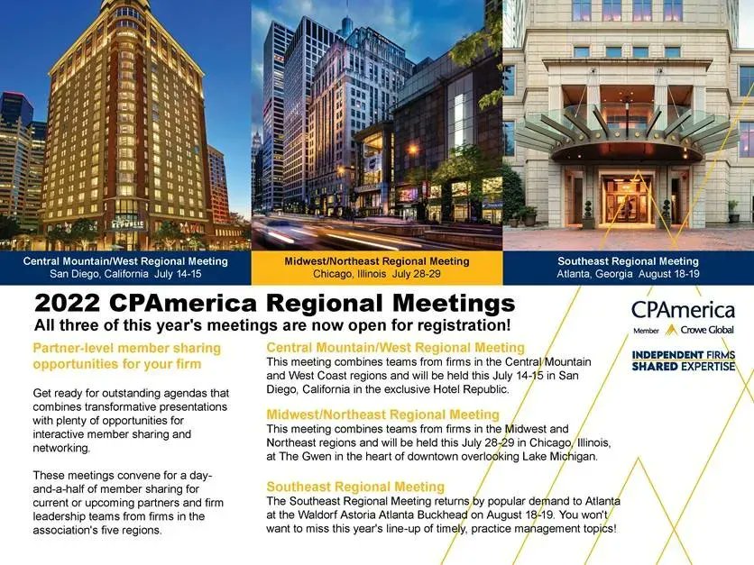 CPAmericaIntl's tweet photo. We're pleased to announce that all 2022 CPAmerica Regional Meetings are now open for registration. Click the link for more information, to find your meeting and to register. https://t.co/Bxev7rvR3F https://t.co/jTA2UHuJrd