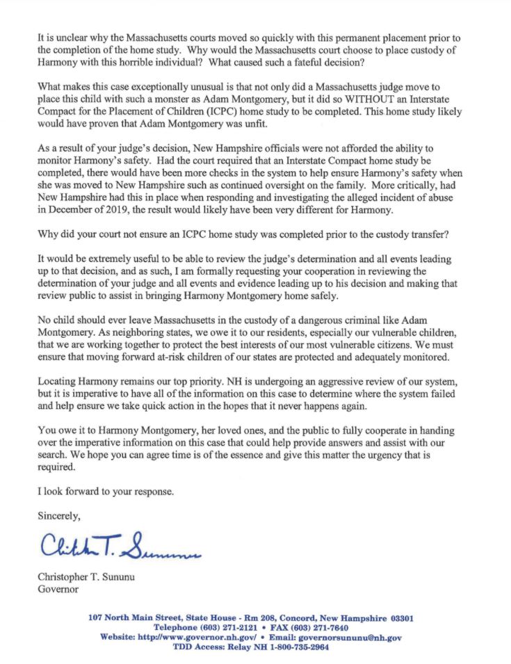 WFLAJB's tweet photo. NEW: @GovChrisSununu is calling for the release of "imperative information" in the search for #HarmonyMontgomery. 

In this letter to @MassGov SJC, Sununu says the Mass. court system "failed" Harmony by placing her in the custody of a "monstrous drug dealer," her father Adam. https://t.co/M8jA1GKjAQ
