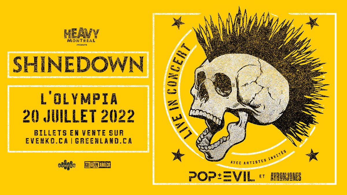 Deux changements au concert de <a href="/Shinedown/">SHINEDOWN</a> :
Two changes in the Shinedown show :

Date : 27 février 2022 ➡️ 20 juillet 2022
Salle / Venue : MTELUS ➡️ L'<a href="/OlympiaMontreal/">L'Olympia</a> 

🎟️ : Toujours valides / Still valid

#shinedown #Montreal #show #evenko