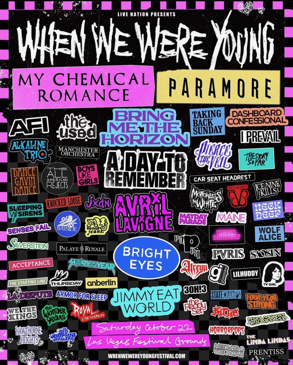 itsrubychavez's tweet photo. Need to get on @LiveNation PR list, y’all doing #whenwewereyoung right!
That line up looks 🔥🖤🖤
#musiccontentCreator #Millennial #Paramore #emo #soyDark #mychemicalromance https://t.co/XAOcIFPOSo