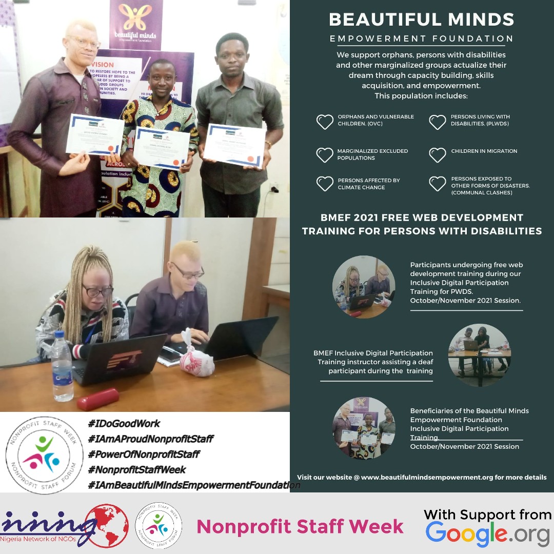 BM_Empowerment's tweet photo. Beautiful Minds Empowerment Foundation supports #youths, #orphans, persons with disabilities, and other marginalized groups to actualize their dreams through capacity building, #skill acquisition, and empowerment.
#IDoGoodWork #PowerOfNonprofitStaff #NonprofitStaffWeek @nnngo https://t.co/ZN3s66CcSn