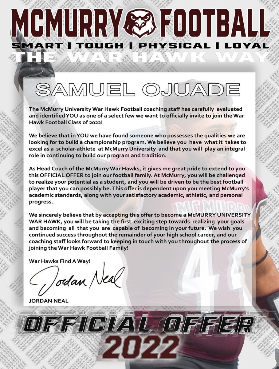 OJsam9's tweet photo. Blessed to receive another offer from McMurry University @CoachGarciaMCM @McMURRYFOOTBALL https://t.co/CzTDEbvMXW