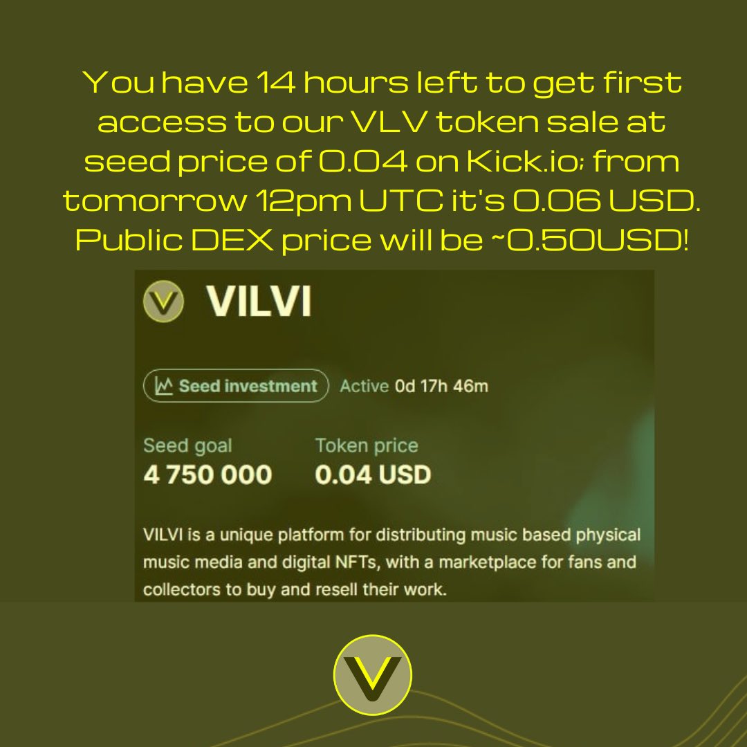 VILVIOFFICIAL's tweet photo. You have 14 hours left to get first access to our VLV token sale at seed price of 0.04 on https://t.co/a3QGoglHjI; from tomorrow 12pm UTC it's 0.06 USD. Public DEX price will be ~0.50USD!
#vilvi #nft #discount #token https://t.co/pUMUqrJKKZ