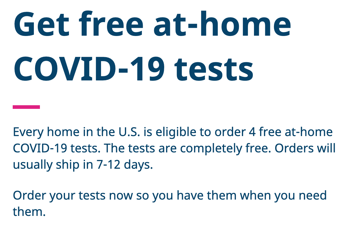 All households in the US are eligible to order 4 free at-⁠home COVID-⁠19 tests through <a href="/HHSGov/">HHS.gov</a> beginning today. Visit COVIDtests.gov to place your order.