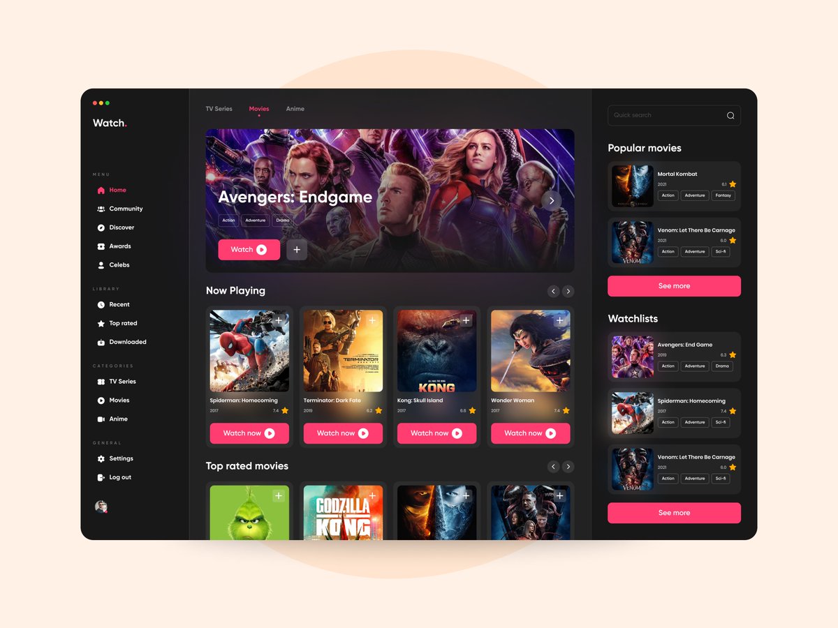 تصميمي لتطبيق لمشاهدة الأفلام أتمنى ان ينال التصميم إعجابكم 😍
.
رابط التصميم على موقع Dribbble
dribbble.com/shots/17303287…
.
<a href="/simplify_ux/">SimplifyX</a> <a href="/ZainabEljack/">ZainabOoO🌼</a> @MalakAlqahtaniX <a href="/narmeens99/">Narmeen albasuni</a> <a href="/ux_Aseel/">uxAseel - أصيل</a> @uxGhadaui 
#uidesign #uxdesign #uiux #uiuxdesign #design #Dashboard #movies