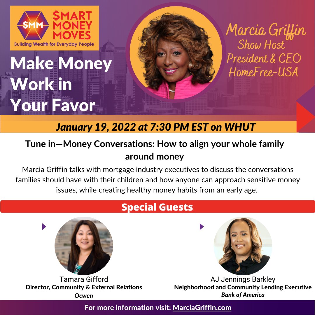 marciahomefree's tweet photo. Tune in to @PBS @whuttv tomorrow on Wednesday, January 19, at 7:30 pm EST for the premiere of $mart Money Moves. @ajbaarkley1 &amp; @tamgiffDC will join me to share experiences and perspectives of aligning families around money.

Click the link for more info:
https://t.co/AcOd78qj3g https://t.co/VJUiWn1Jyw