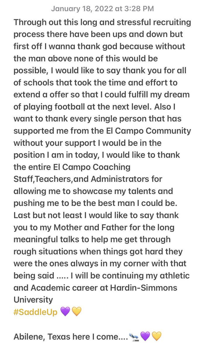 D1Dreams21's tweet photo. 100 % Commited 💛💜 #SaddleUp @Ahy_Rojas02 @BurlesonHSU @GL_Martin82 @WhartonCoSports @RuebenOwens3 @Coach_Worrell https://t.co/yKrj3gJAQd