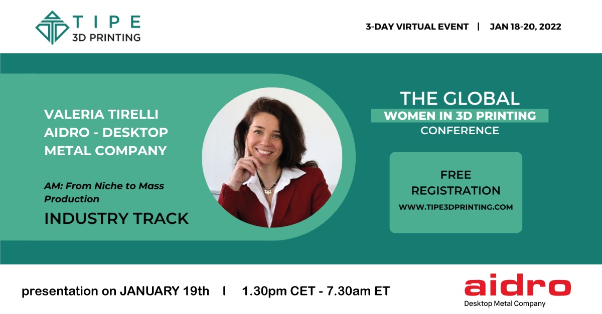 AidroHydraulics's tweet photo. Join us at @TIPE3D and discover from Valeria Tirelli, #Aidro President&CEO, about our journey into #additivemanufacturing and @DesktopMetal
Online event on January 19th at 7.30am EST | 1.30PM CET
Register here: https://t.co/f0NgBoKHwS
Event organized by @Wi3DP https://t.co/pctWFk8pUk