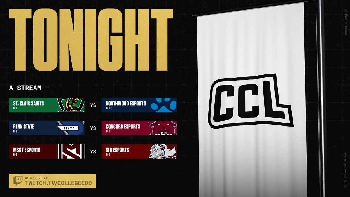 CollegeCoD's tweet photo. A Battle of the Mountain Lions. A Michigan Rivalry. And a highly anticipated @SaintsGamingCA vs @NorthwoodEsport opening series.

Tonight's broadcasts will have it all. Week 1 of #CCL2022 continues at 7:25PM EST 👇

📺 https://t.co/nGWDkrTK8m
📺 https://t.co/UKssL7lDxF https://t.co/ibPW3qx644
