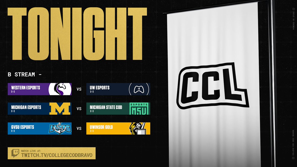 College CoD (@collegecod) on Twitter photo A Battle of the Mountain Lions. A Michigan Rivalry. And a highly anticipated <a href="/SaintsGamingCA/">St. Clair Saints</a> vs <a href="/NorthwoodEsport/">Northwood Esports</a> opening series.
Tonight's broadcasts will have it all. Week 1 of #CCL2022 continues at 7:25PM EST 👇
📺 twitch.tv/CollegeCoD
📺 twitch.tv/CollegeCoDBravo A Battle of the Mountain Lions. A Michigan Rivalry. And a highly anticipated <a href="/SaintsGamingCA/">St. Clair Saints</a> vs <a href="/NorthwoodEsport/">Northwood Esports</a> opening series.
Tonight's broadcasts will have it all. Week 1 of #CCL2022 continues at 7:25PM EST 👇
📺 twitch.tv/CollegeCoD
📺 twitch.tv/CollegeCoDBravo