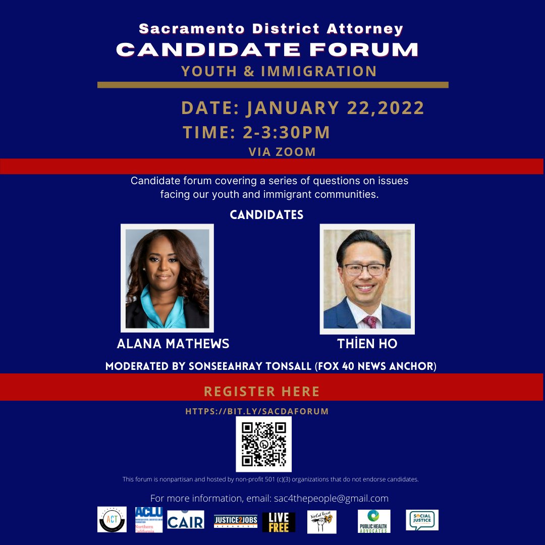 MeetYourDA's tweet photo. Please join @Sac4thePeople  this upcoming Saturday, January 22nd, 2022, for a Sac DA Candidate Forum on youth and immigrant communities. https://t.co/x981TiEXTy