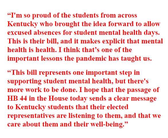 oliviakrauth's tweet photo. House Bill 44, which would require schools to have policies around student mental health absences, unanimously passed the House today.

Here's a statement from one of the bill's sponsors, Rep. Lisa Willner. https://t.co/7bHslL43eD