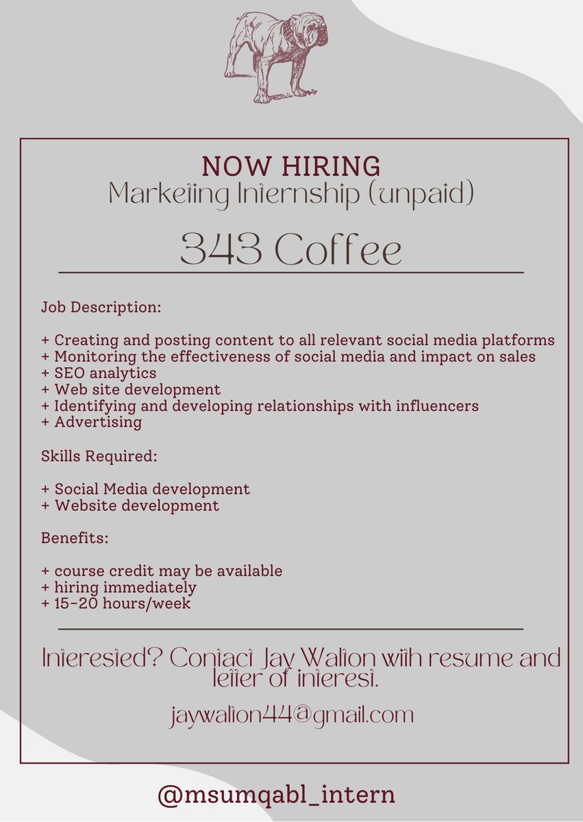 Marketing Internship Opportunity!

343 COFFEE IS HIRING IMMEDIATELY! Course credit may be available!