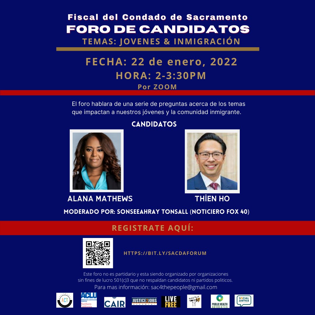 Please join <a href="/Sac4thePeople/">Sacramento 4 The People Coalition</a>  this upcoming Saturday, January 22nd, 2022, for a Sac DA Candidate Forum on youth and immigrant communities.