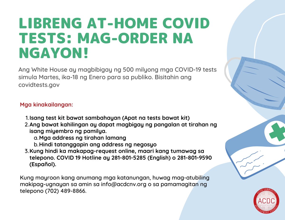 ACDCNV's tweet photo. The White House has made 500 million COVID-19 at-home test kits free for the public, starting today. Request yours now at https://t.co/wtgBEsoJjW! Translations below in Tagalog, Chinese and Vietnamese (1/2) https://t.co/tMOYF13BgL