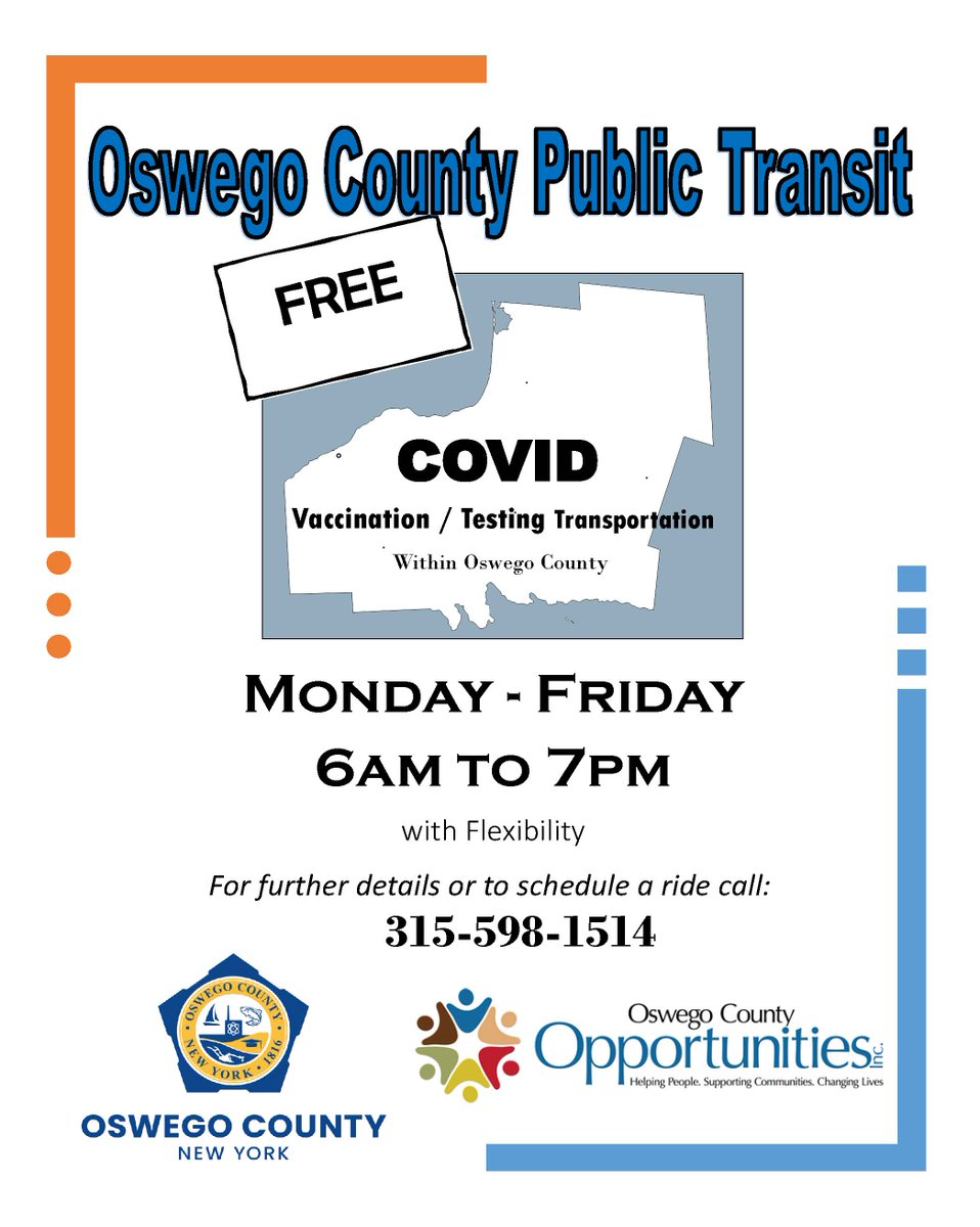 Do you need a ride to get a COVID test or vaccination? Call 315-598-1514 to schedule a ride. Rides are offered Monday-Friday from 6:00am to 7:00pm.