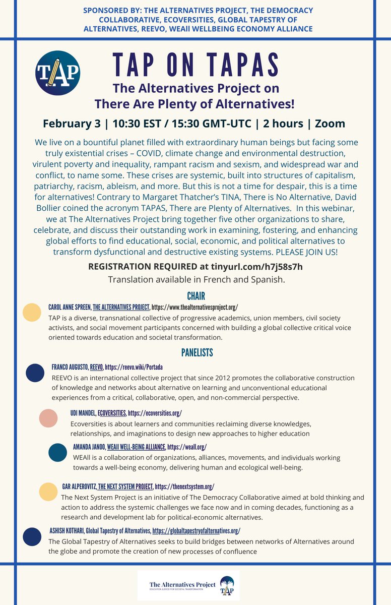 The Alternatives Project (@tapinitiative) on Twitter photo We at The Alternatives Project bring together five other organizations to share, celebrate, and discuss global efforts to find alternatives to transform dysfunctional and destructive existing systems. Registration is required at: umd.zoom.us/meeting/regist… 
PLEASE JOIN US! We at The Alternatives Project bring together five other organizations to share, celebrate, and discuss global efforts to find alternatives to transform dysfunctional and destructive existing systems. Registration is required at: umd.zoom.us/meeting/regist… 
PLEASE JOIN US!