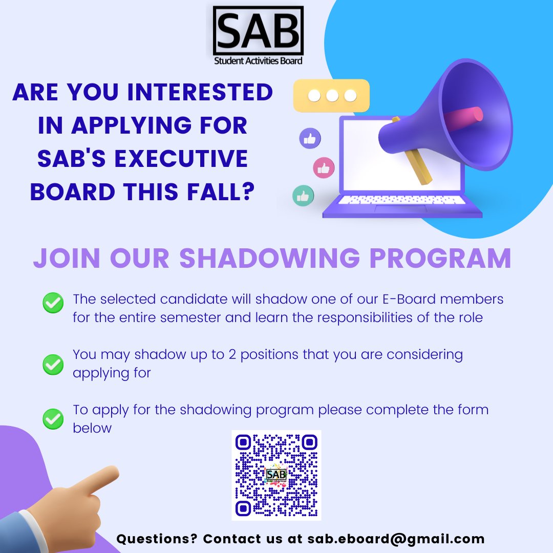 umd_sab's tweet photo. Are you interested in applying for SAB's Executive Board this Fall Semester? Join our Shadowing Program by clicking on this QR code. Last date to apply is January 28th, 2022!! https://t.co/dt9uAihKTp