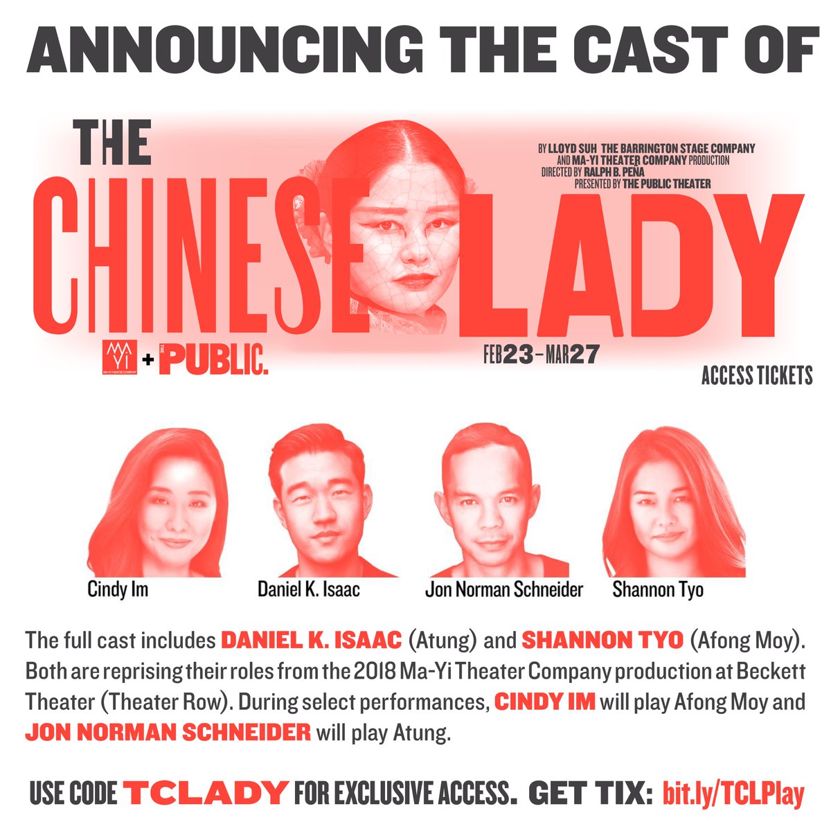 We ❤️ that the powerhouse acting team of Shannon Tyo and Daniel K. Isaac — from the 2018 BSC World Premiere &amp; @MaYiTheater productions — are returning to @PublicTheaterNY's production of THE CHINESE LADY! 