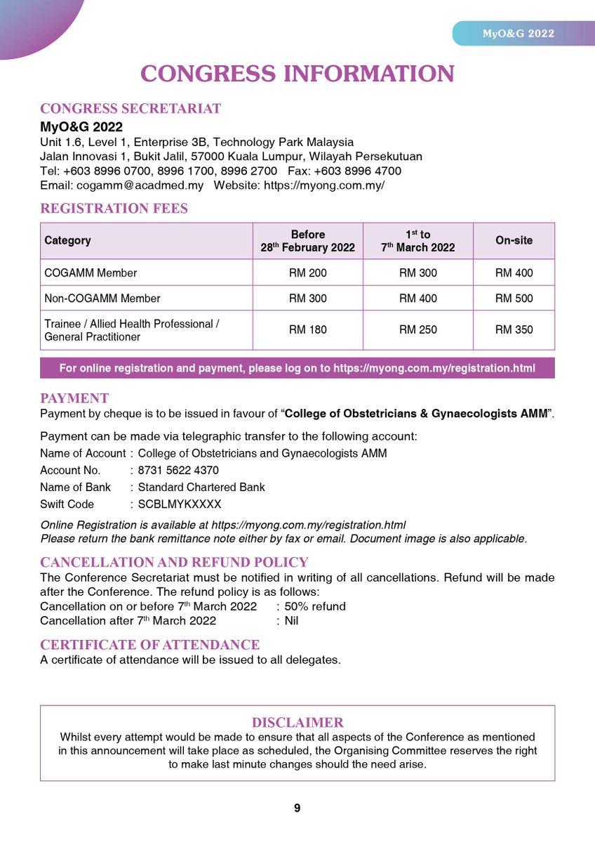 The College of Obstetricians &amp; Gynaecologists will be organizing a face to face Scientific Convention - “MyO&amp;G 2022: New Beginnings” on 12th &amp; 13th March 2022 which will be held at Pullman Bangsar✌.

Online Registration is available at myong.com.my/registration.h…