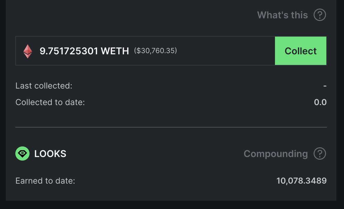 white-house.eth has now surpassed over 10,000 $LOOKS purely from staking rewards

We're also nearly at 10 wETH rewards total...

Total USD value? $82,863.61 in just over a week!

Thanks, <a href="/LooksRareNFT/">LooksRare</a> 👀