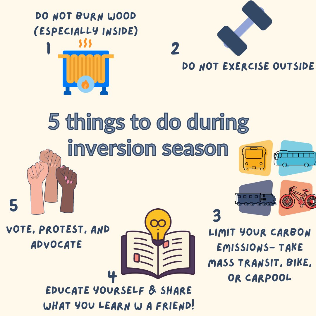 UtahPhysicians's tweet photo. We put together a few simple things to do/avoid during inversions to help protect your health. There is no safe level of air pollution. 

Remember, TRAX is free on bad air quality days- a new bill introduced (HB 164) could make public transit free in Utah all the time. https://t.co/3zpRbCfLwE