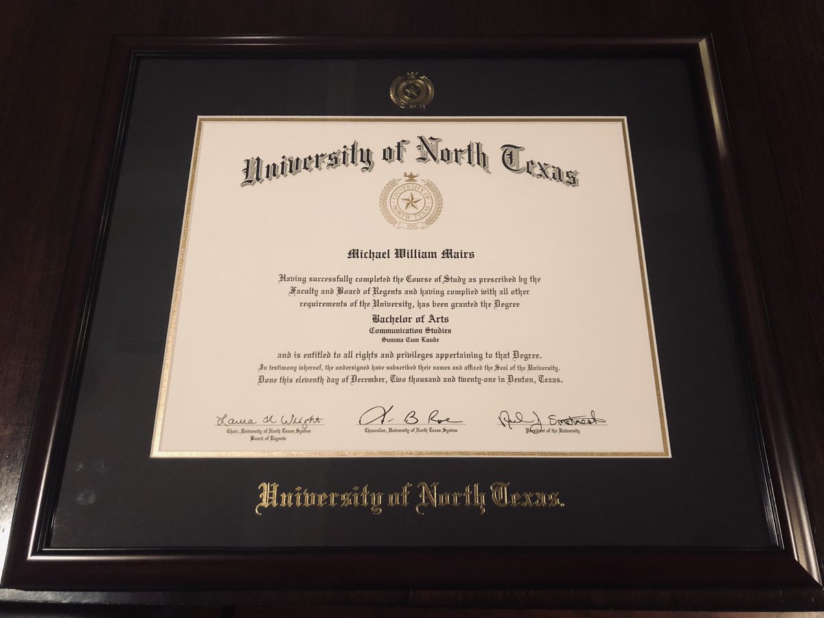 MichaelMairs_'s tweet photo. My diploma has arrived! All of my hard work and perseverance has led to this moment, and I am extremely proud to have my UNT degree! 🦅💚

✨ Bachelor of Arts
Communication Studies
Summa Cum Laude ✨

#UNT21 #UNTGrad https://t.co/s0CqgAaoQQ