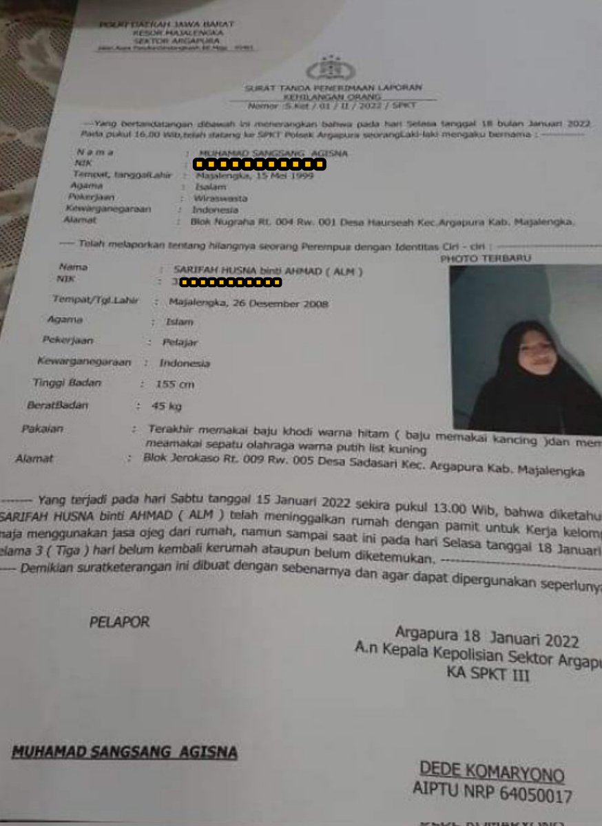 NOVIR007's tweet photo. INFO ORANG HILANG. 

Teman-teman di Majalengka-Jawa Barat dan sekitarnya. Klo lihat Ade Dalam Foto ini mohon bantu info nya ya. 

Nama : SARIFAH HUSNA
Alamat : blok jerokaso Rt 09/05 ARGAPURA Majalengka.

Kronologi dalam Laporan 👇 https://t.co/fzbD0D9p9M