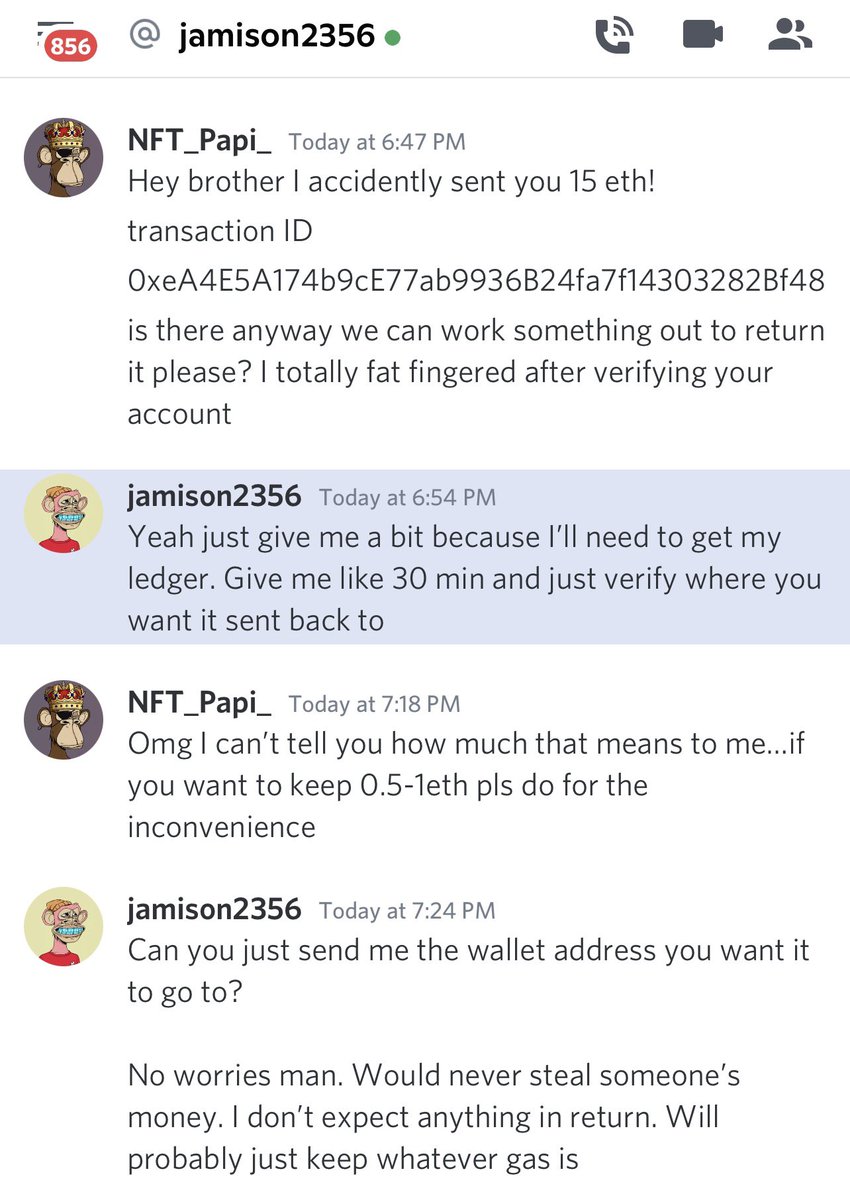 Accidentally sent $47,250 to a Ape brother &amp; he sent it back! 😯 

We had never spoken before today and were working on a potential trade when I accidentally pasted his address 🤦🏻‍♂️ 

This shows me how genuine the people who make up the <a href="/BoredApeYC/">Bored Ape Yacht Club 🍌</a> community truly are. BULLISH AF!