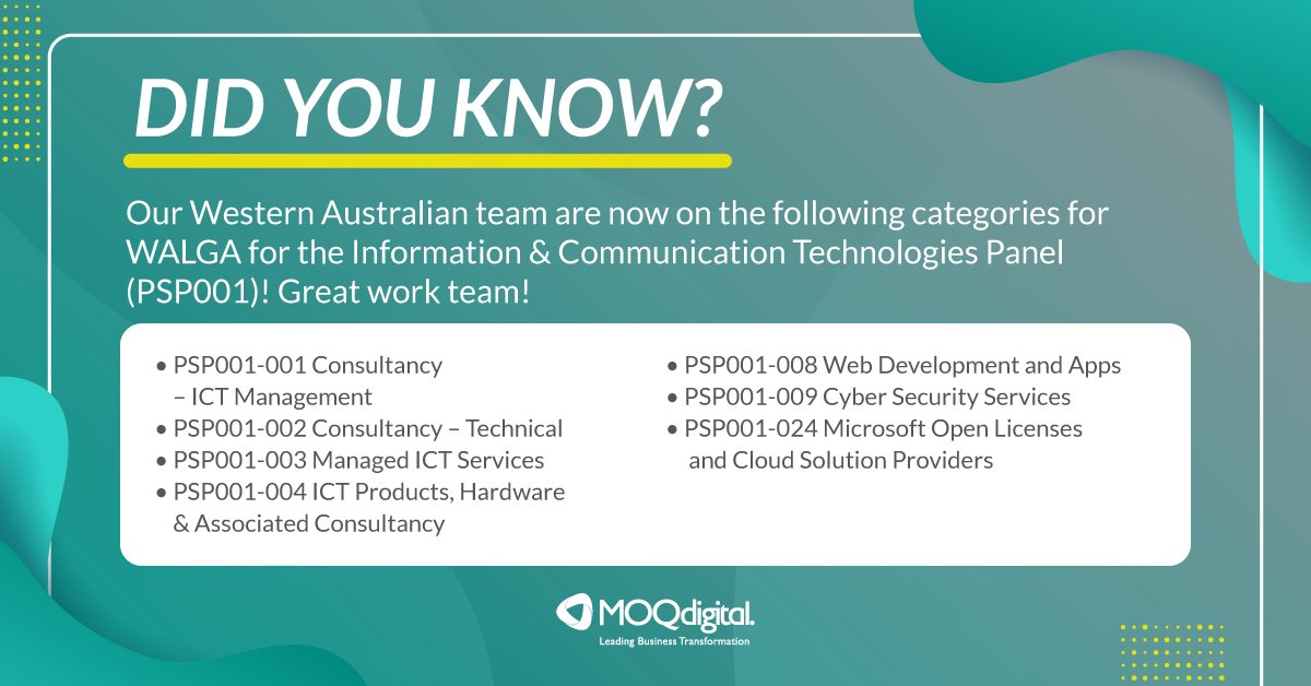 MOQdigital's tweet photo. Did you know that our Western Australian team are now on these categories for WALGA for the Information & Communication Technologies Panel (PSP001)? Great achievement team!
#WALGA #MOQdigital #Perth https://t.co/SQUDw3yCPi